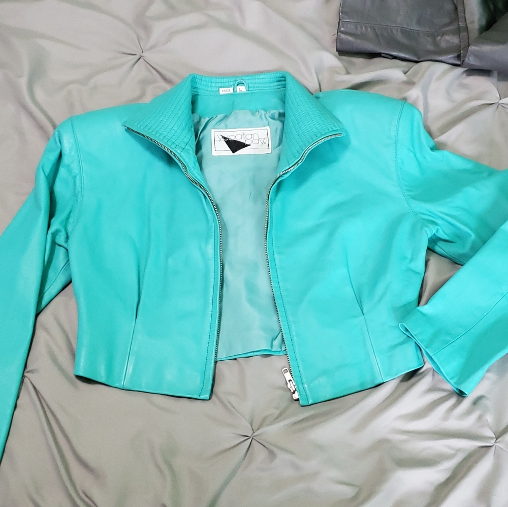 VTG genuine leather jacket teal blue cropped sz L